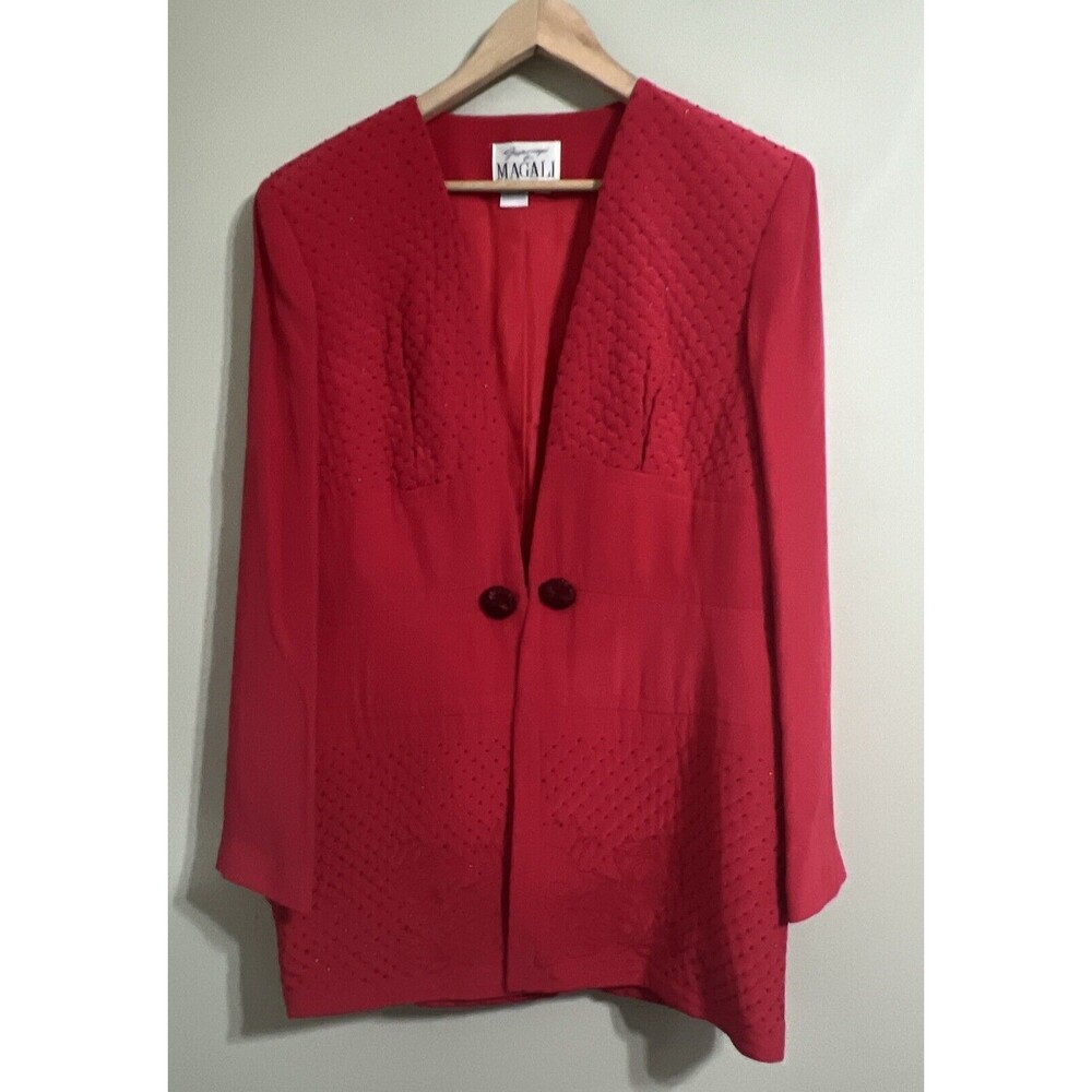 Vintage Gazzelle Ciampi For  Magali Red Silk Quilted  Long Blazer Jacket Size 14